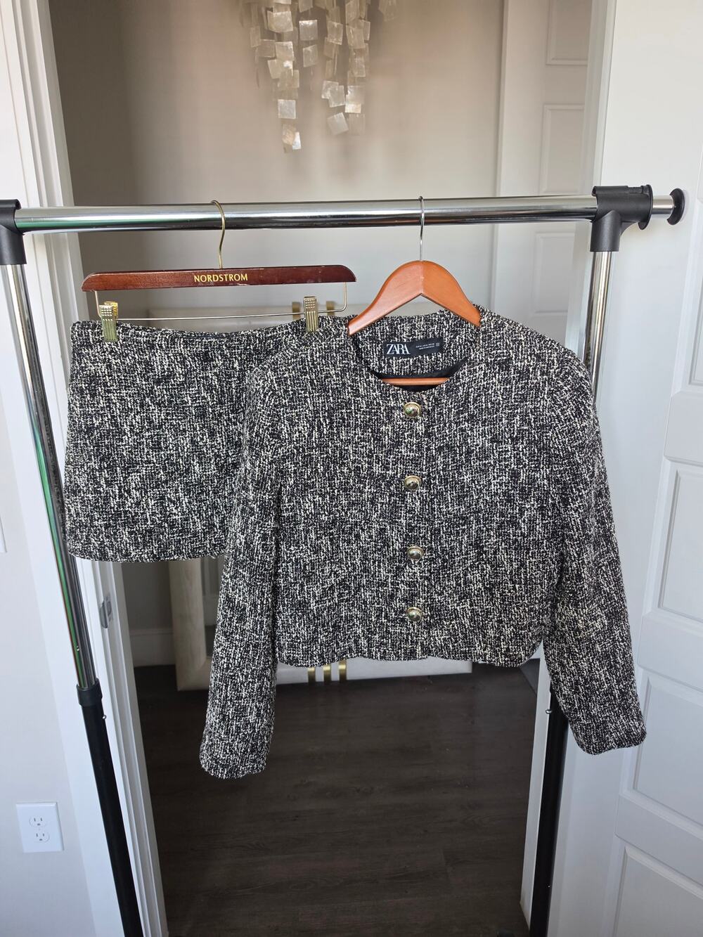 Zara Textured Weave Blazer and Skort Set Gold Button Size M